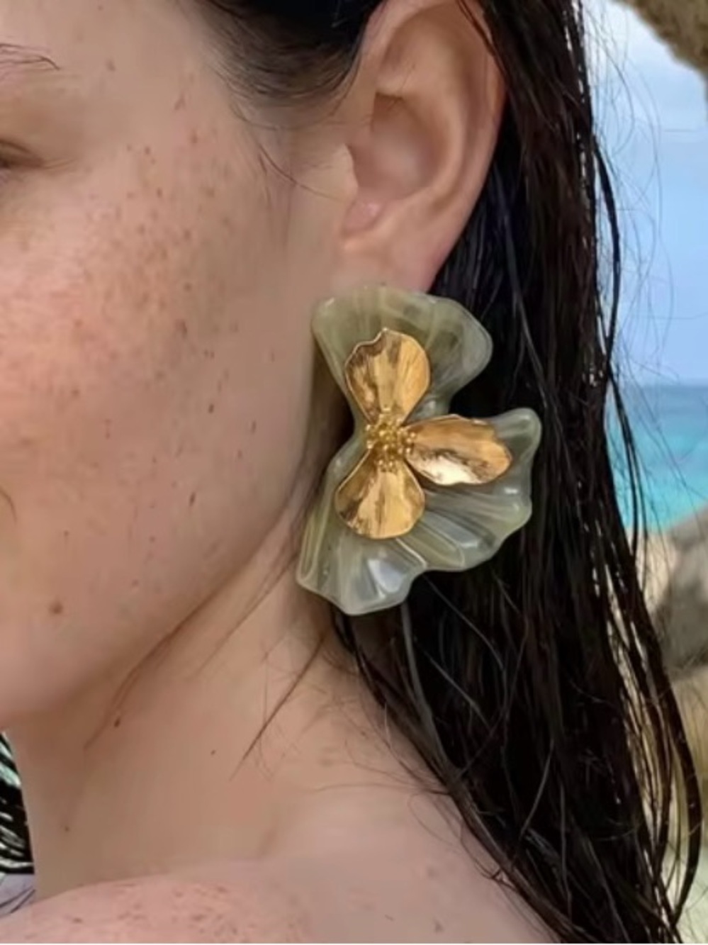 Green Floral Statement Earrings | Gold Orchid Earrings | Sage Green Resin